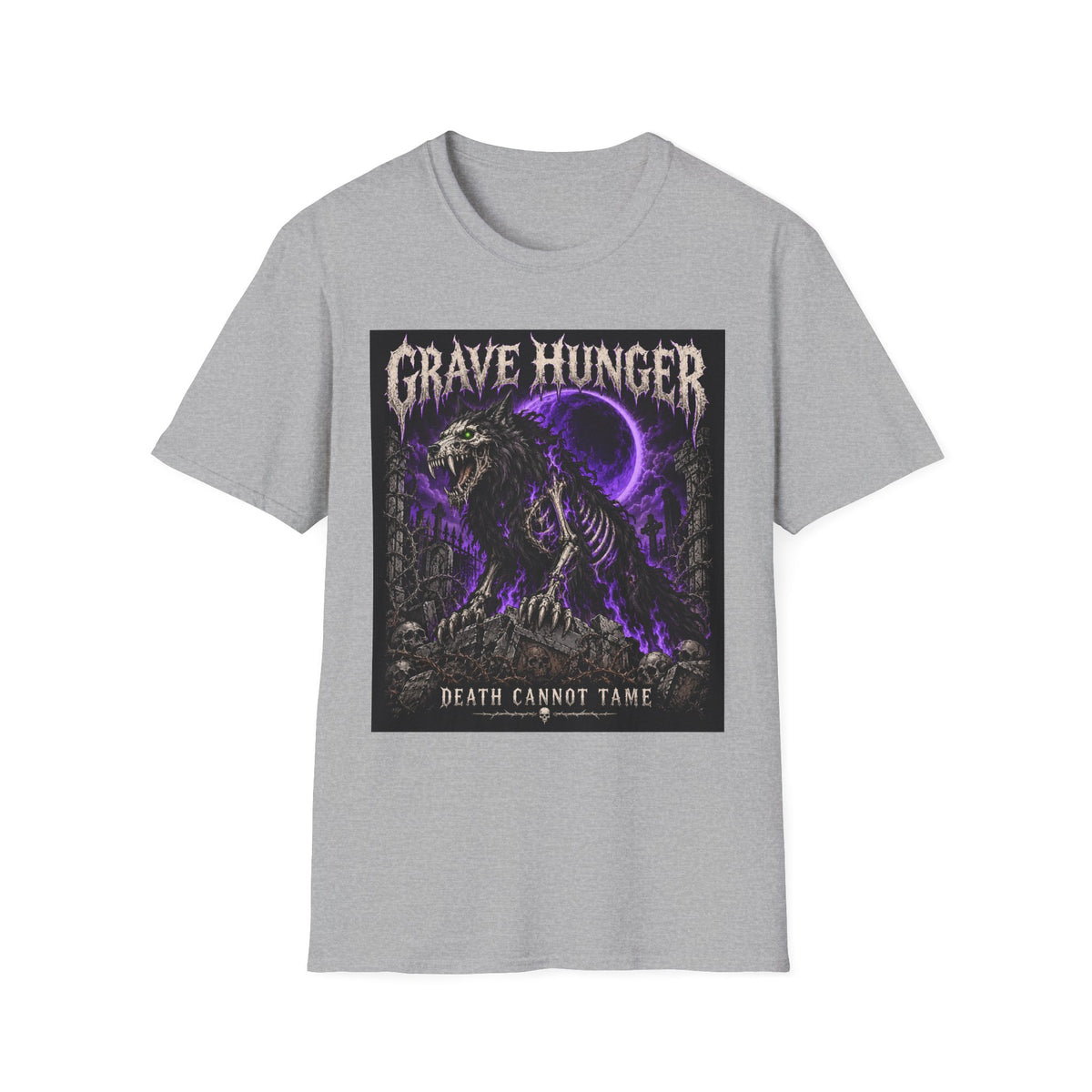 Grave Hunger Gothic Band Tee — Purple Reaper Graphic T-Shirt