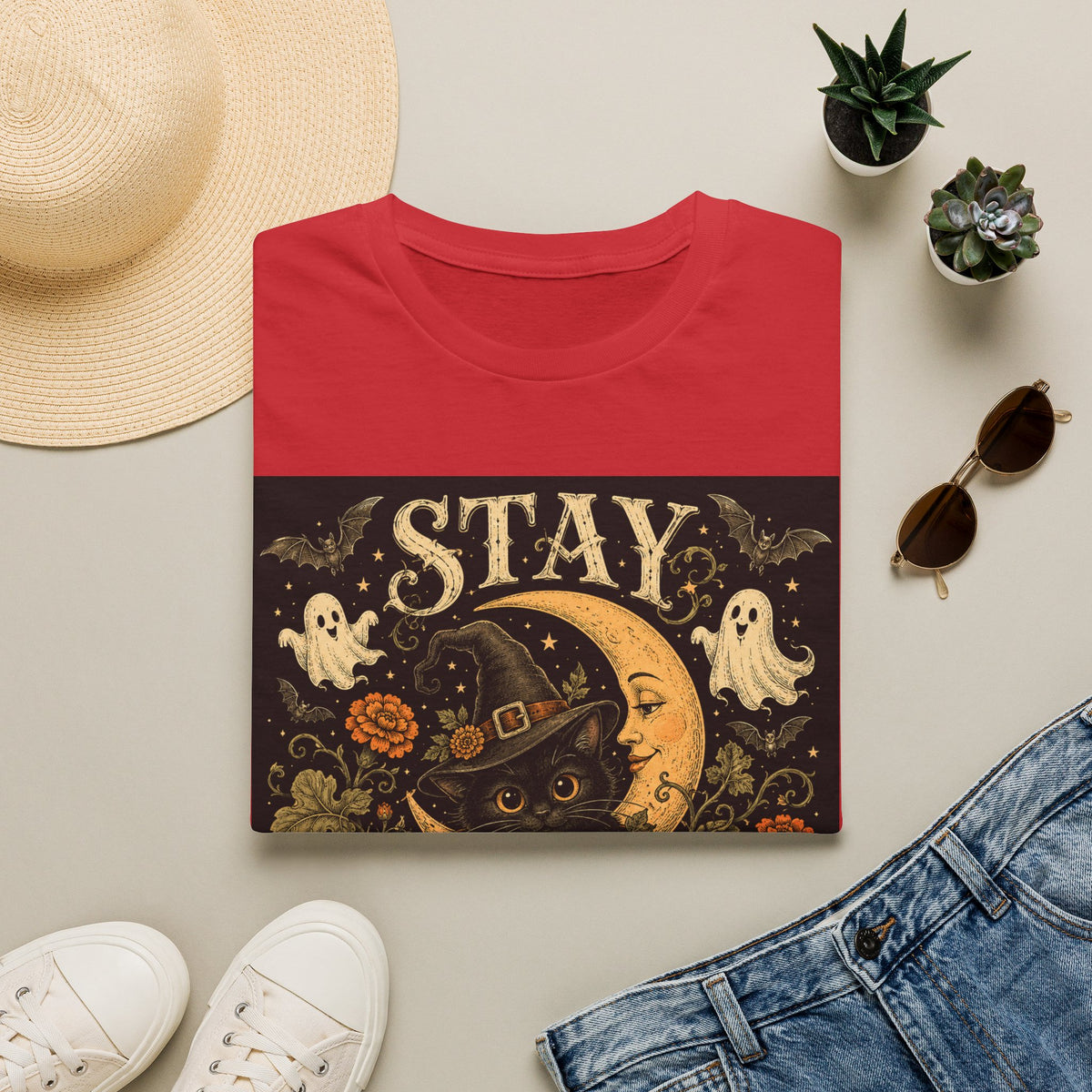 Halloween 'Stay Bewitched' T‑Shirt — Vintage Moon, Black Cat & Pumpkin Design