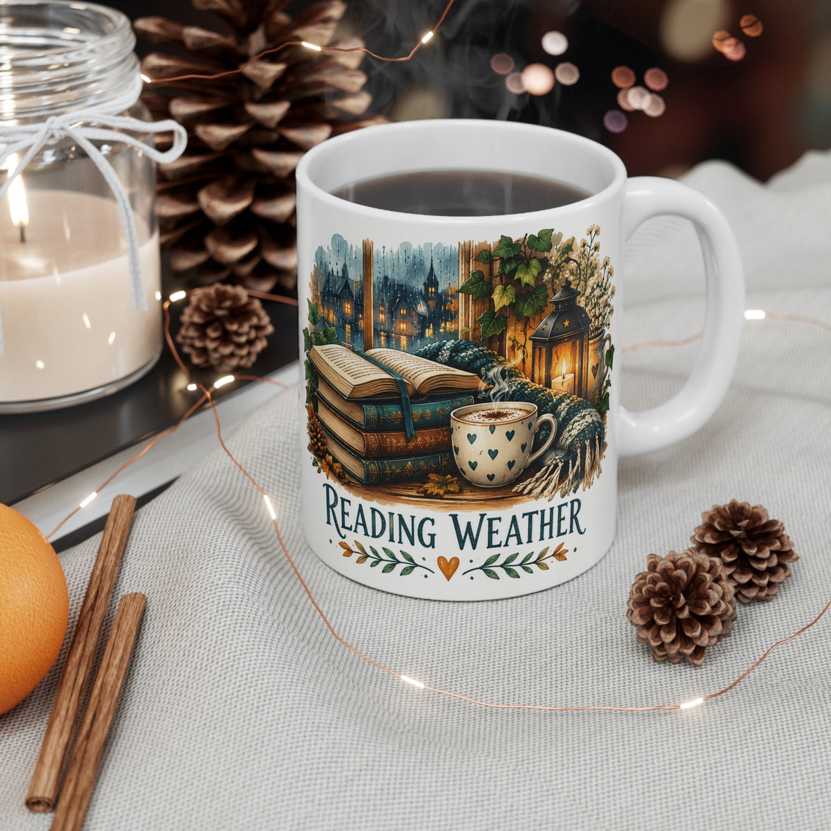 Reading Weather Mug | Cozy Autumn Books Ceramic Coffee Cup
