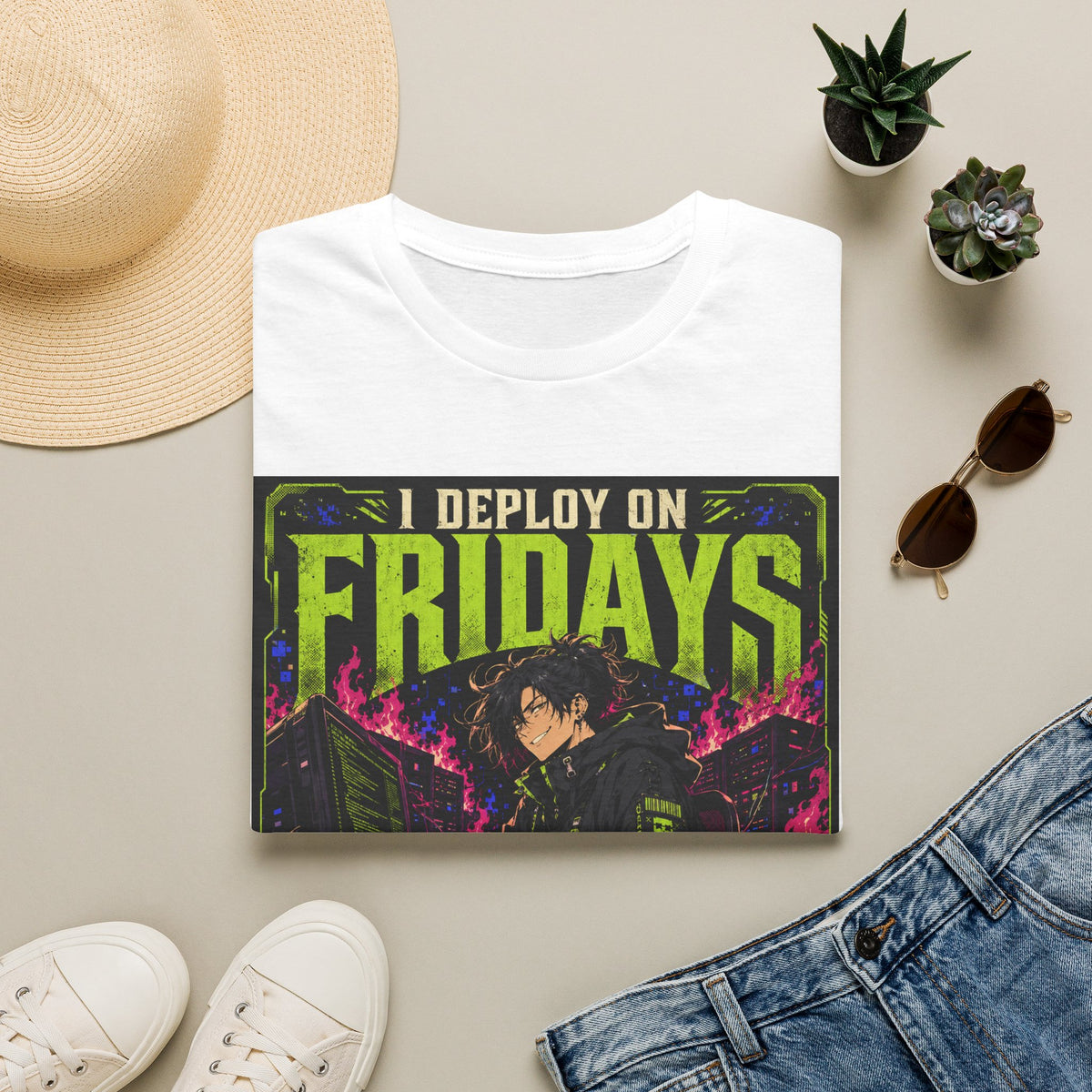 T-Shirt — "I Deploy on Fridays Because Chaos Builds Character" Anime Graphic Tee