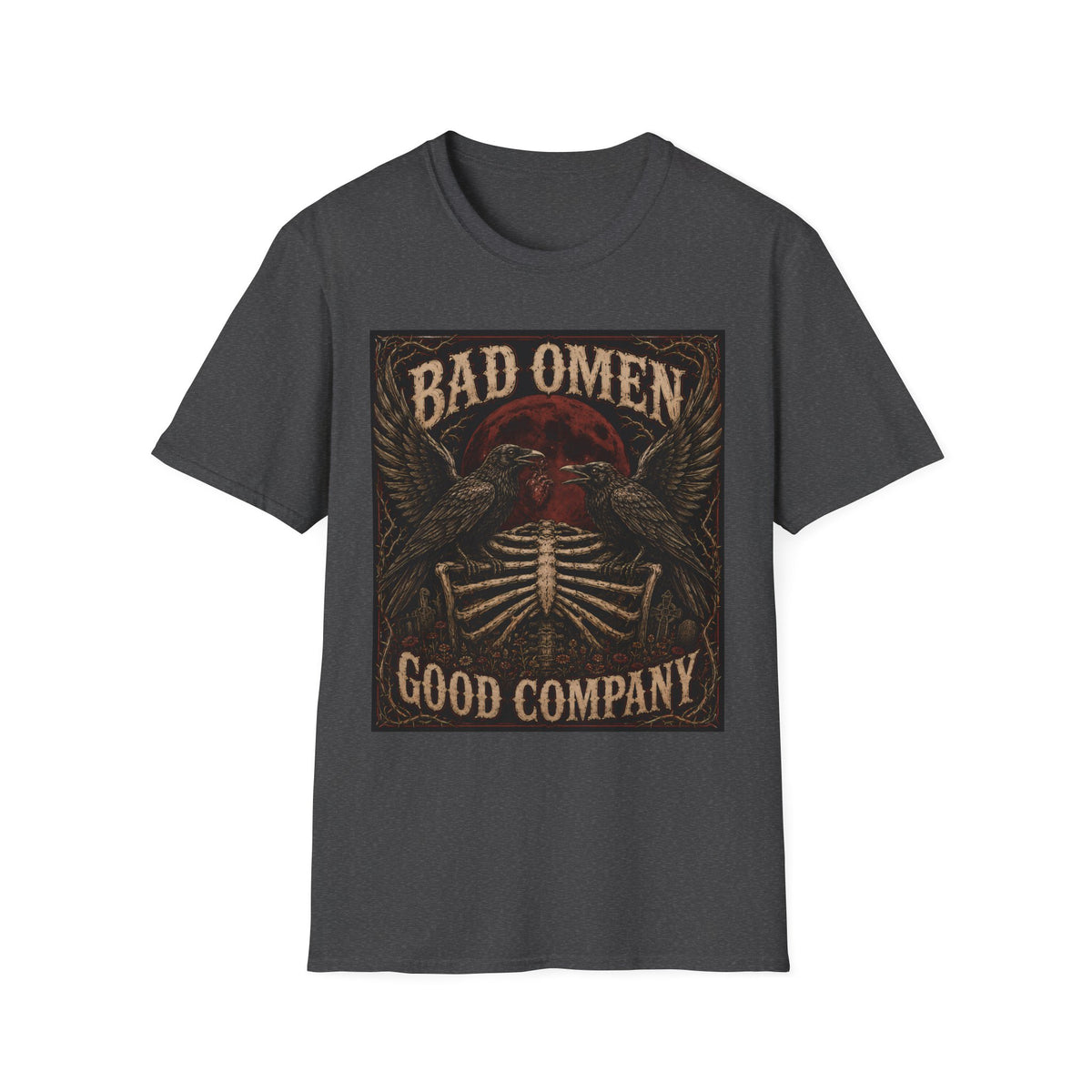 Bad Omen Graphic T‑Shirt — Gothic Raven Skeleton Retro Band Tee