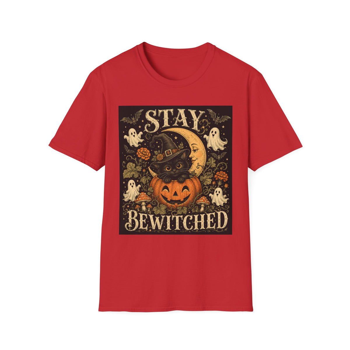 Halloween 'Stay Bewitched' T‑Shirt — Vintage Moon, Black Cat & Pumpkin Design