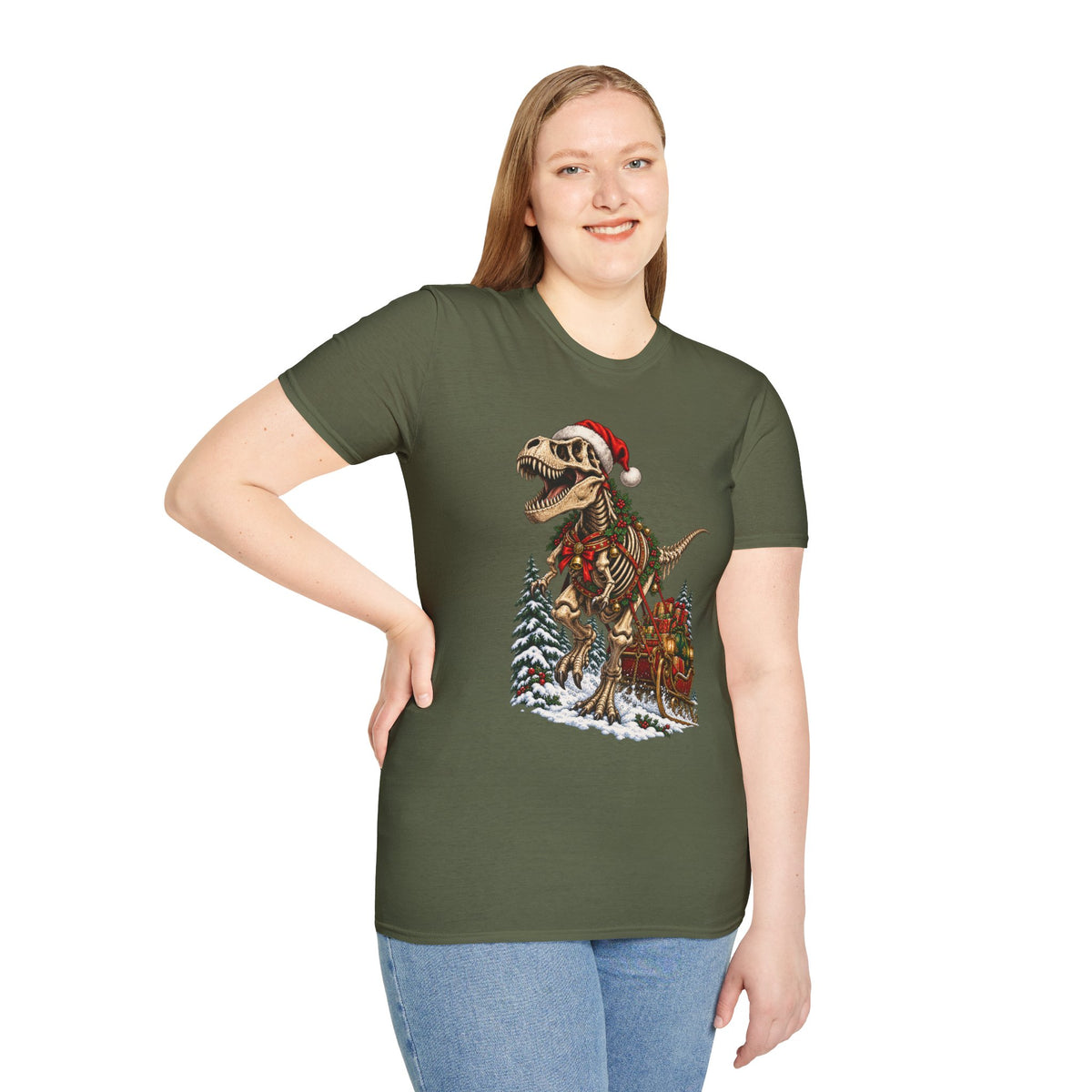 T-Rex Sleigh | Dinosaur Fossil Christmas T‑Shirt