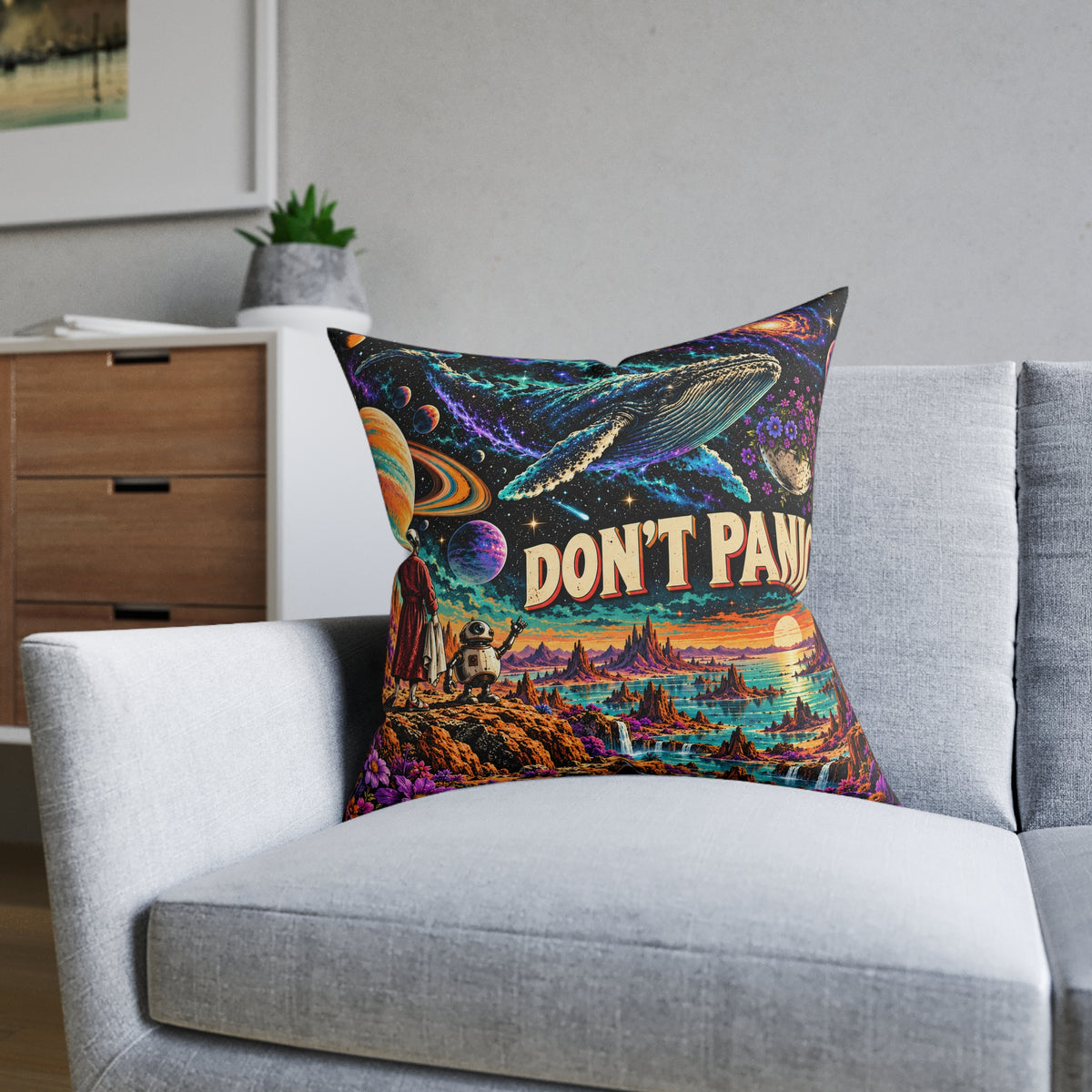 Don't Panic Sci Fi Space Whale Cushion | Decorative Sofa Pillow