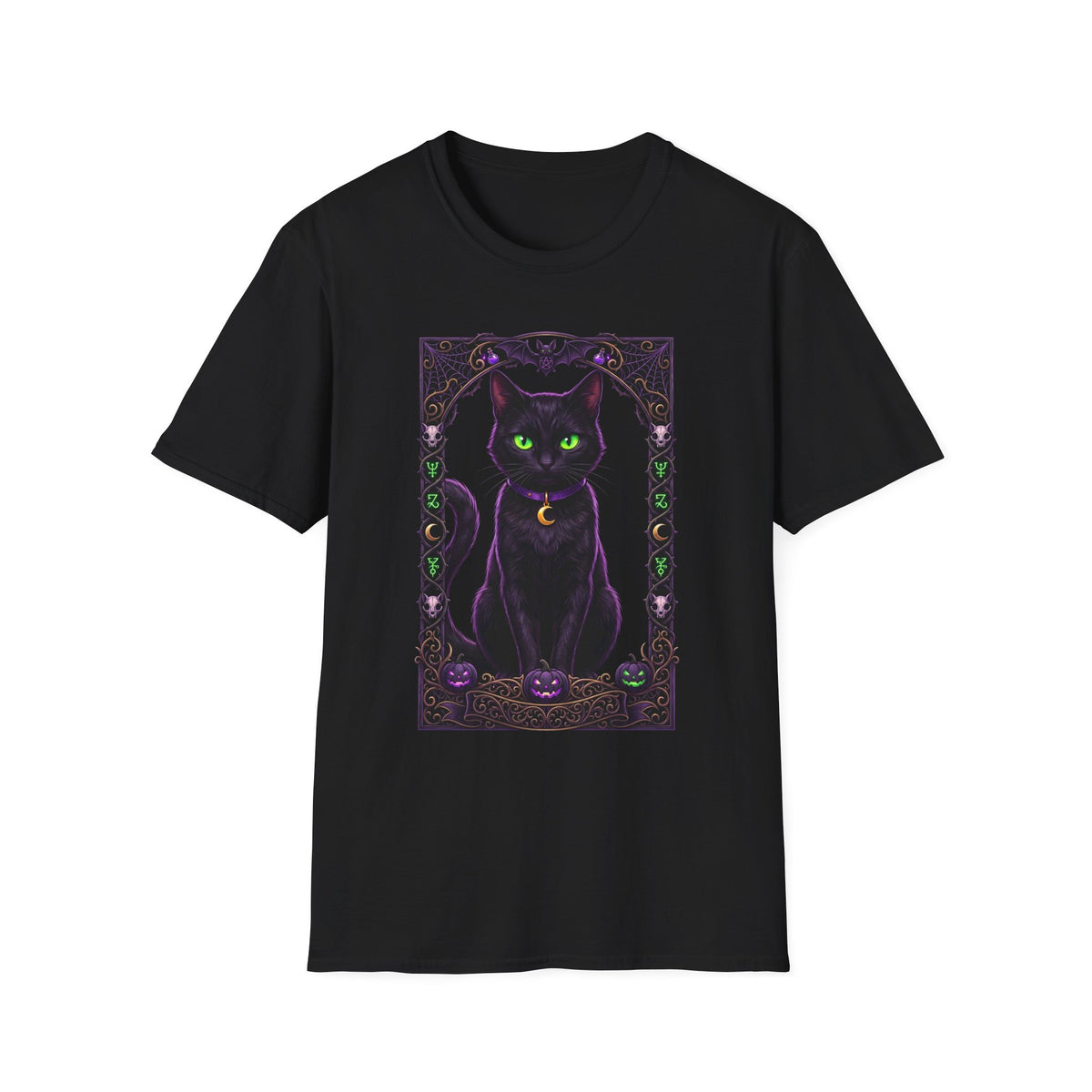 Mystic Black Cat T‑Shirt — Glowing Green Eyes Witchy Tee