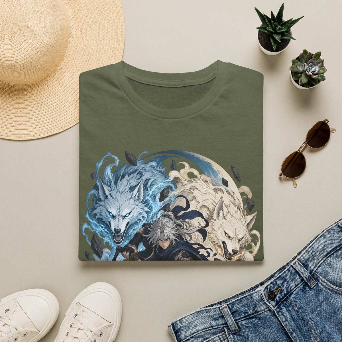 Wolf Spirit T-Shirt | Japanese Samurai | Yin Yang Blue & White Wolves Graphic Tee