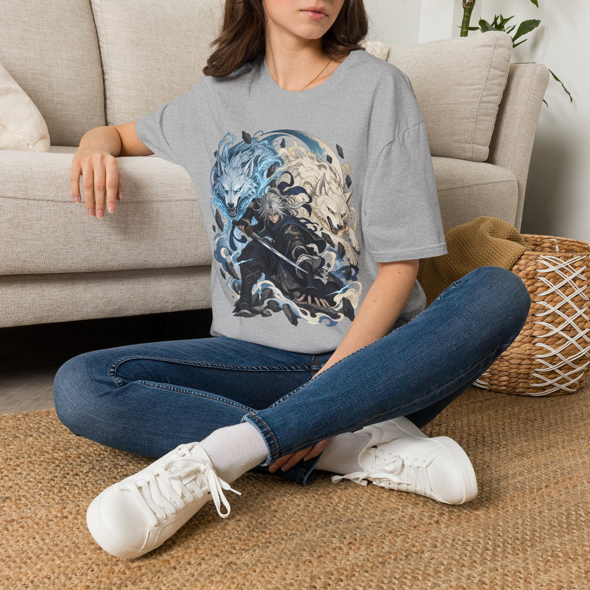 Wolf Spirit T-Shirt | Japanese Samurai | Yin Yang Blue & White Wolves Graphic Tee