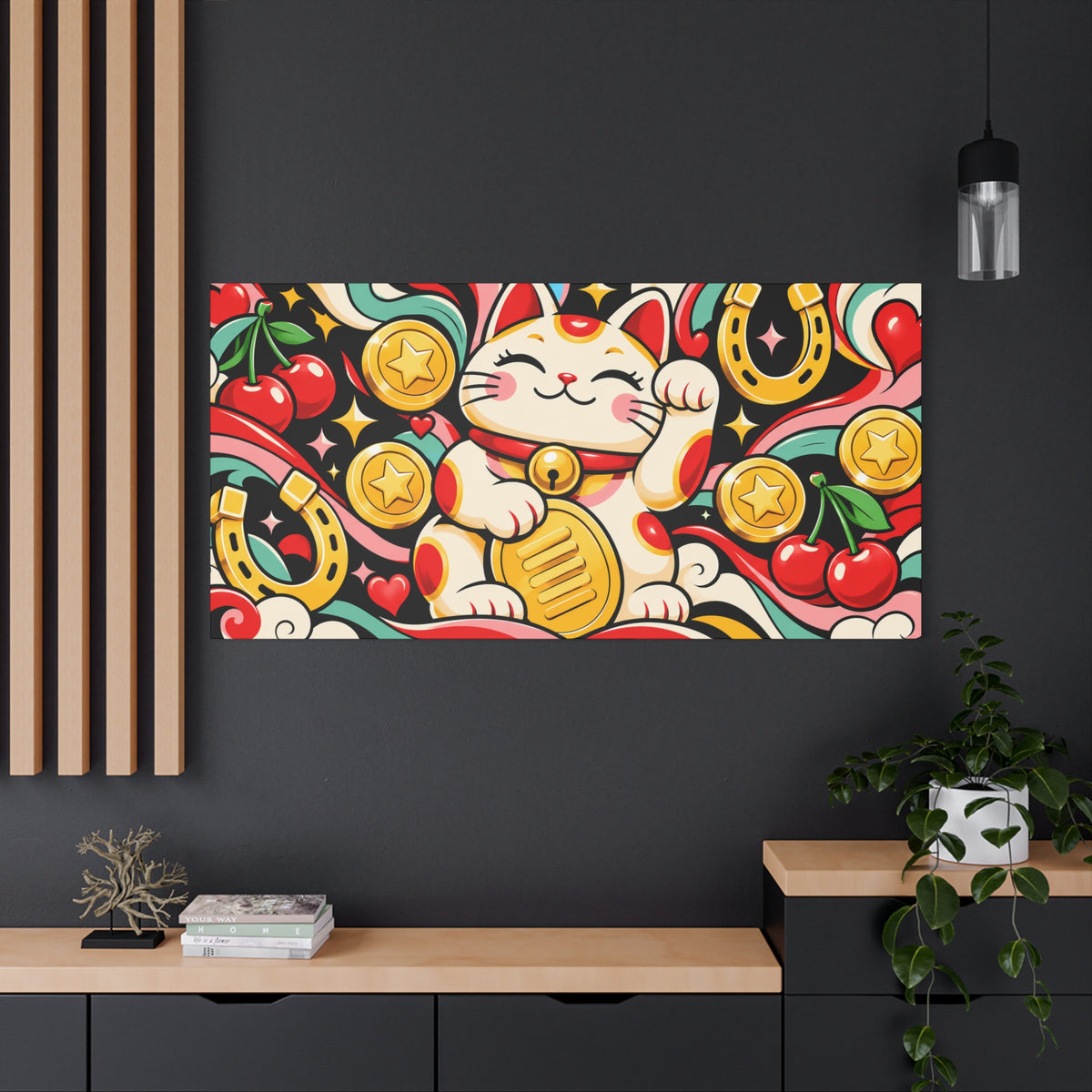 Wall Art | Lucky Cat | Maneki Neko, Gold Coins Retro Pop Art