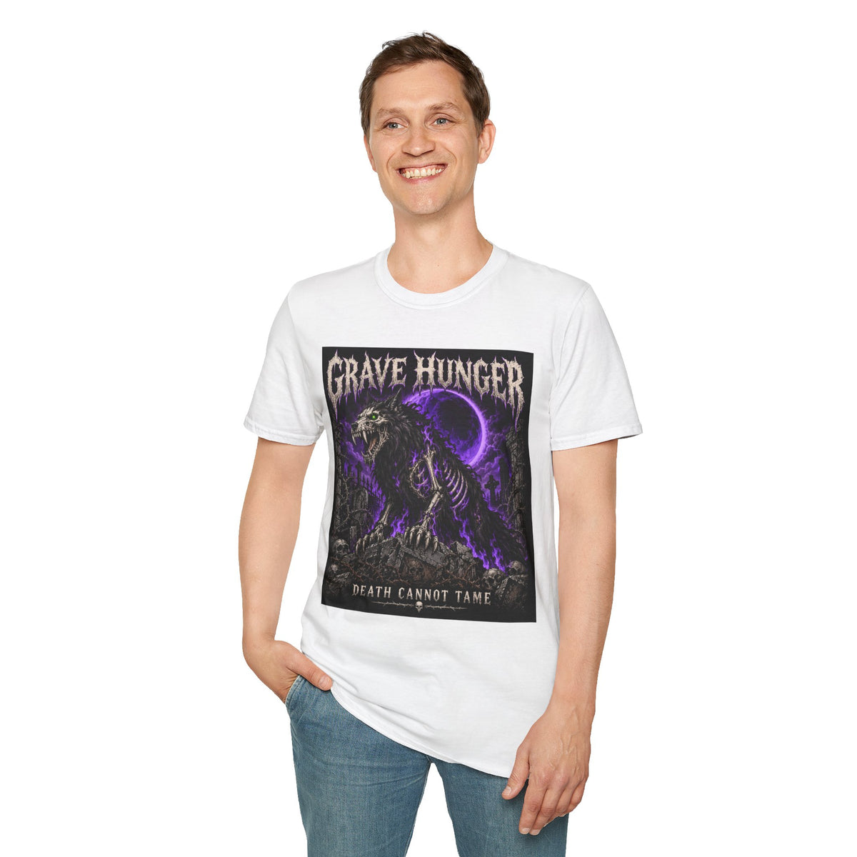 Grave Hunger Gothic Band Tee — Purple Reaper Graphic T-Shirt
