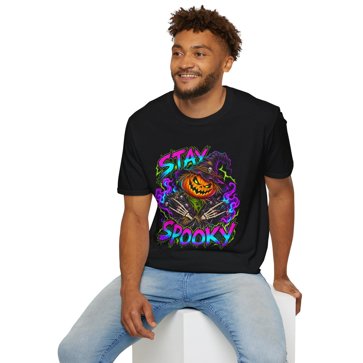 Stay Spooky | Neon Pumpkin Scarecrow Halloween Tee
