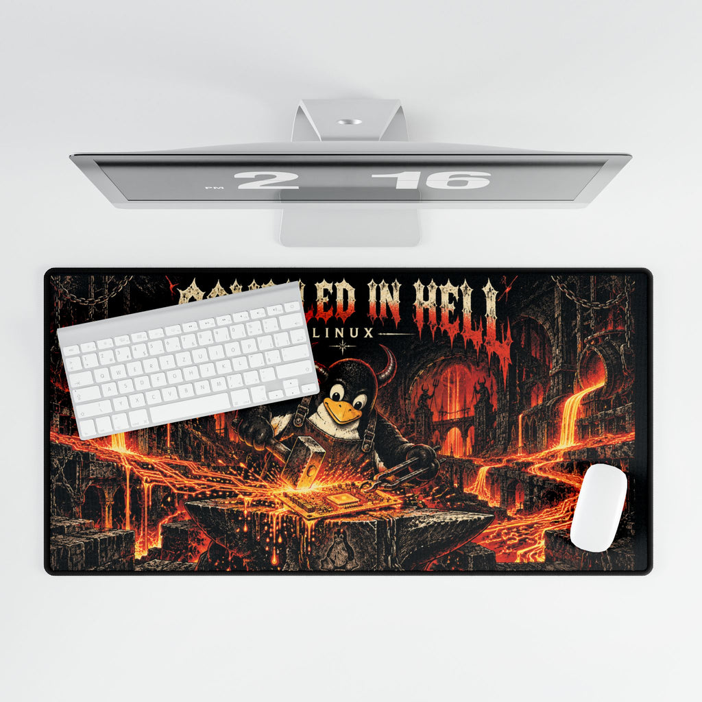 Compiled in Hell Linux Desk Mat | Tux Demon Gamer Mousepad