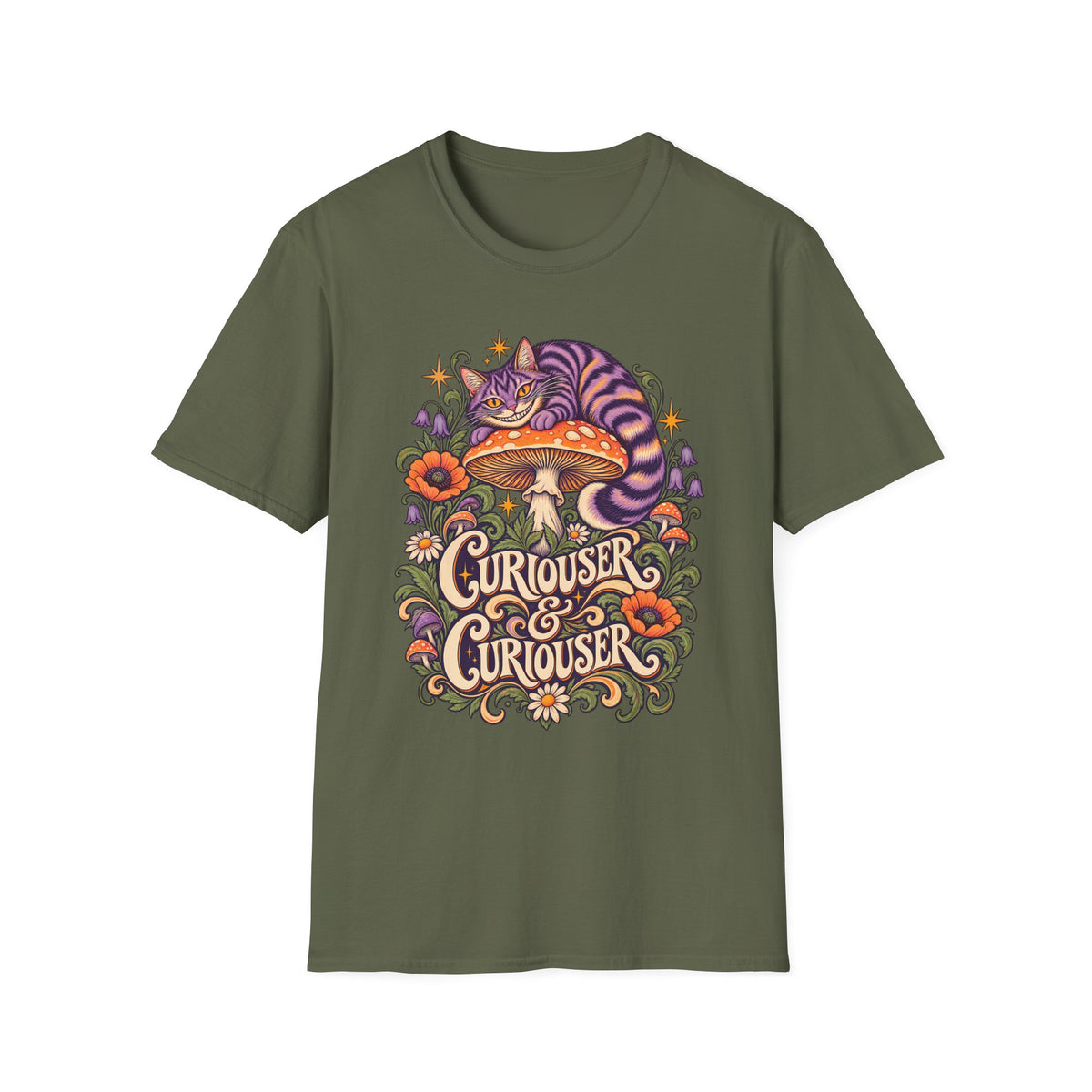 Cheshire Cat | Curiouser & Curiouser | Whimsical Mushroom Design Graphic Shirt