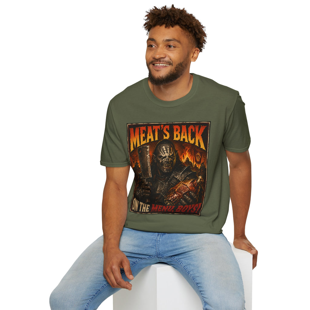 Meat’s Back Horror Graphic T-Shirt — ‘Meat’s Back on the Menu Boys’ Retro Slayer Tee