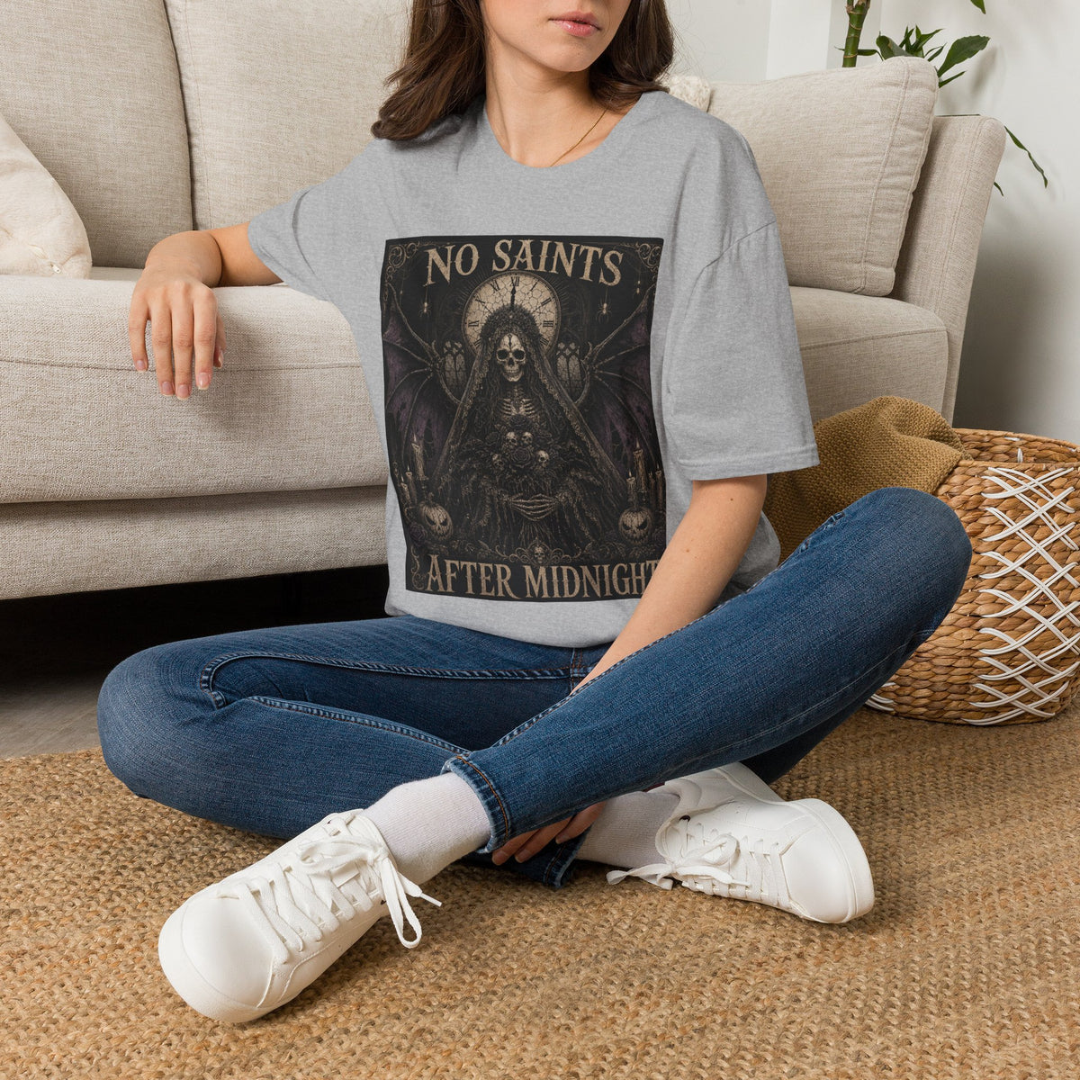 No Saints Graphic T-Shirt — Gothic Skull Clock Design