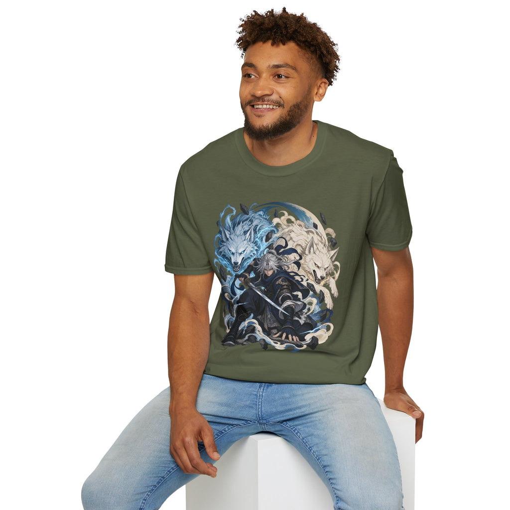 Wolf Spirit T-Shirt | Japanese Samurai | Yin Yang Blue & White Wolves Graphic Tee