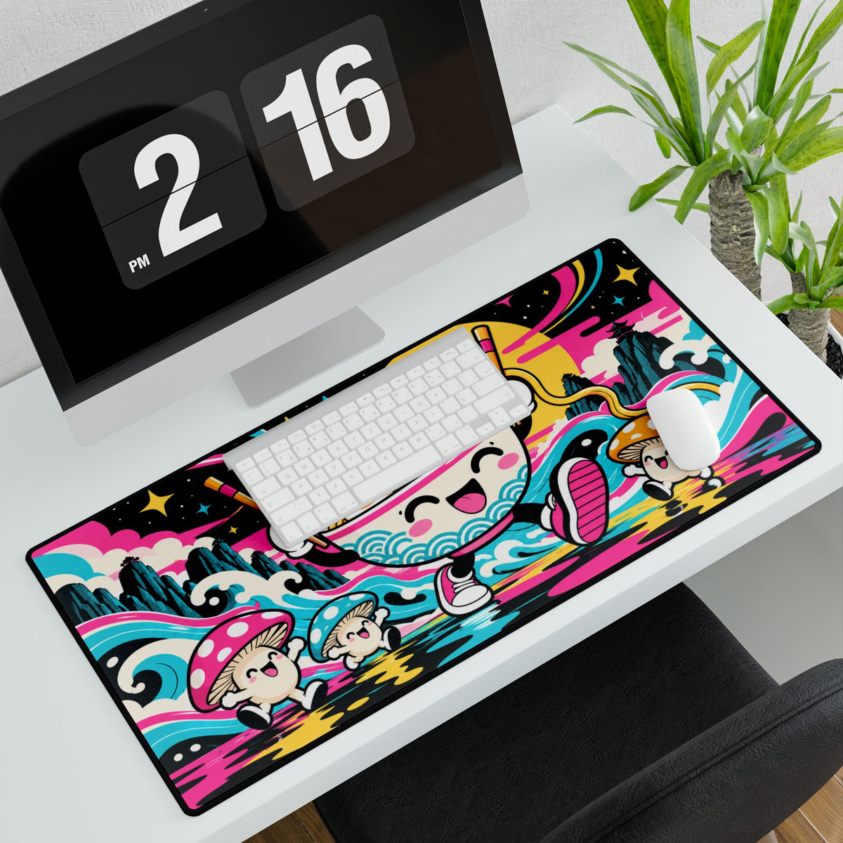 Mouse Pad | Kawaii Ramen | Neon Noodle Bowl & Cute Mushrooms | Desk Mat