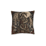 Cushion artwork: A horned dragon coils around a cathedral tower, stretching its weathered wings against a pale moon.
