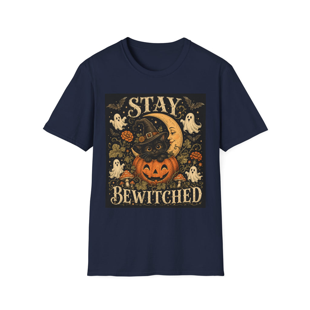 Halloween 'Stay Bewitched' T‑Shirt — Vintage Moon, Black Cat & Pumpkin Design