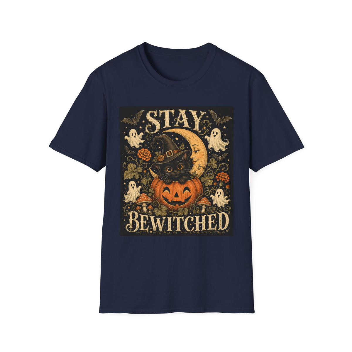Halloween 'Stay Bewitched' T‑Shirt — Vintage Moon, Black Cat & Pumpkin Design