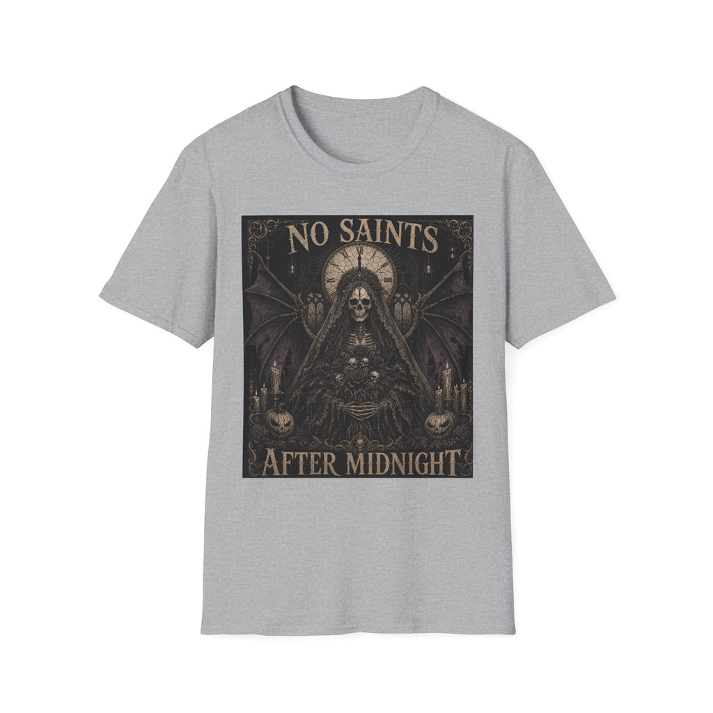 No Saints Graphic T-Shirt — Gothic Skull Clock Design