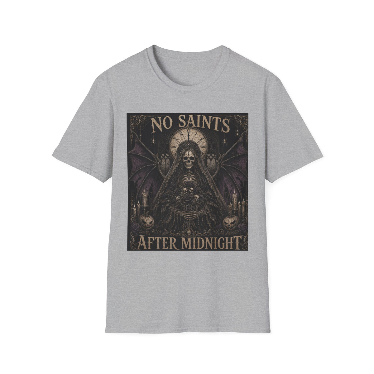 No Saints Graphic T-Shirt — Gothic Skull Clock Design