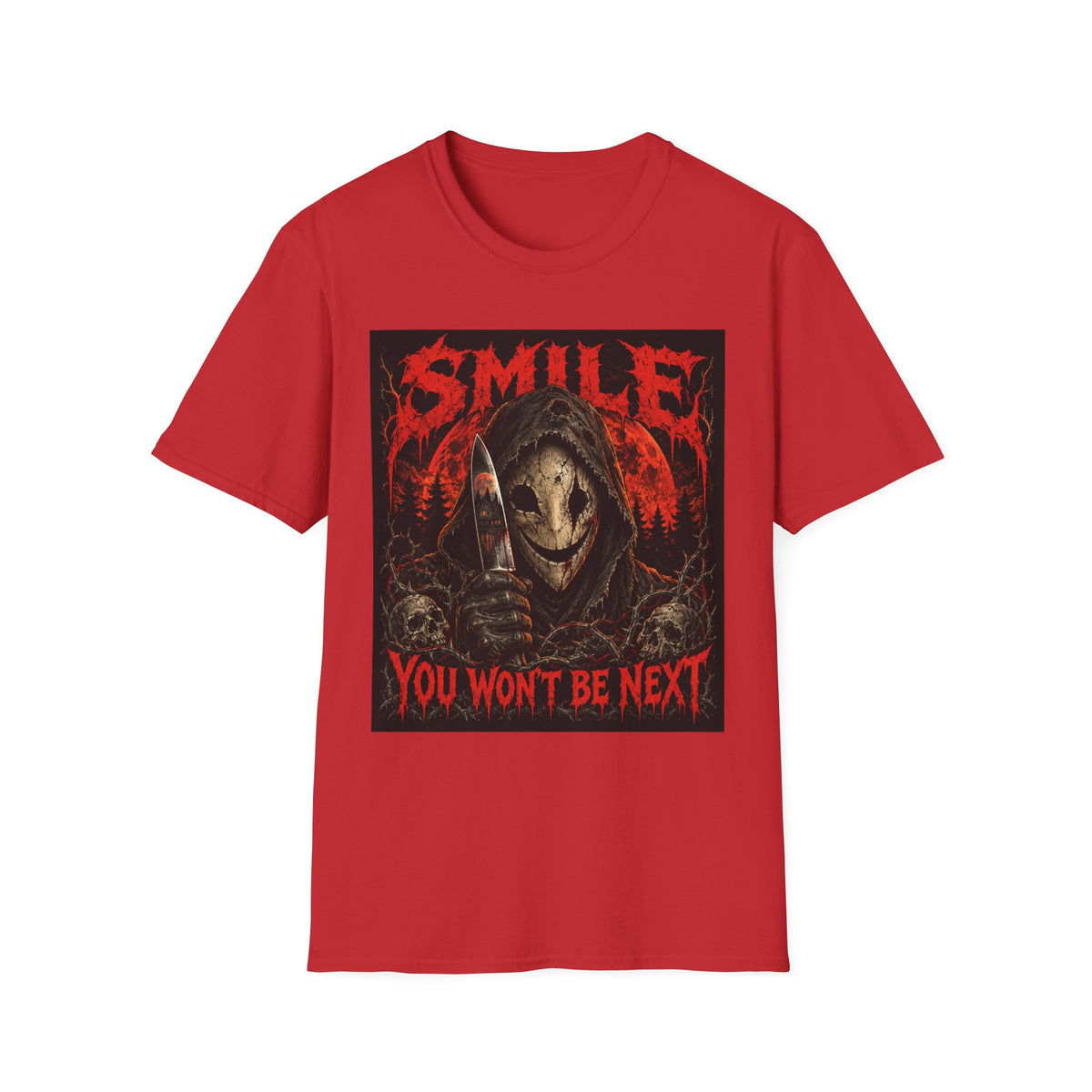 Horror Graphic T-Shirt — "SMILE You Won't Be Next" Creepy Reaper Design