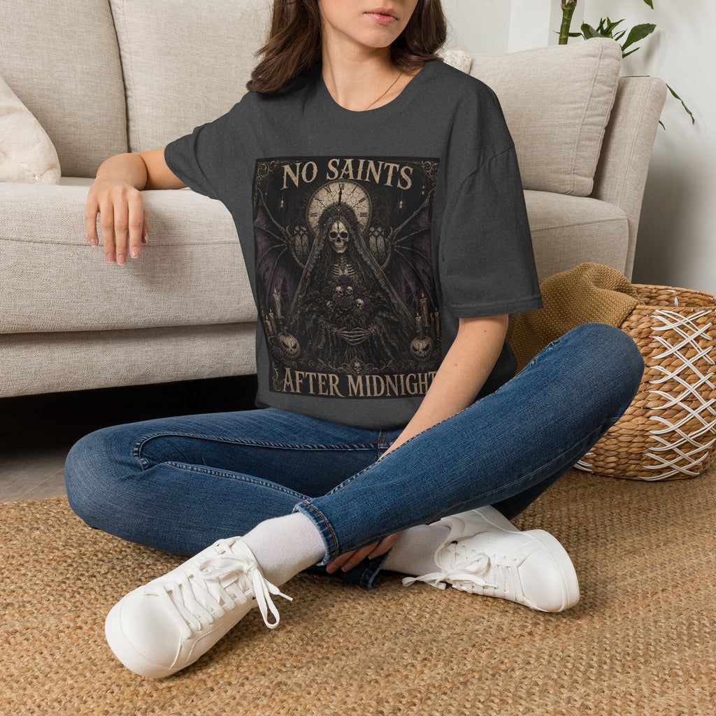 No Saints Graphic T-Shirt — Gothic Skull Clock Design