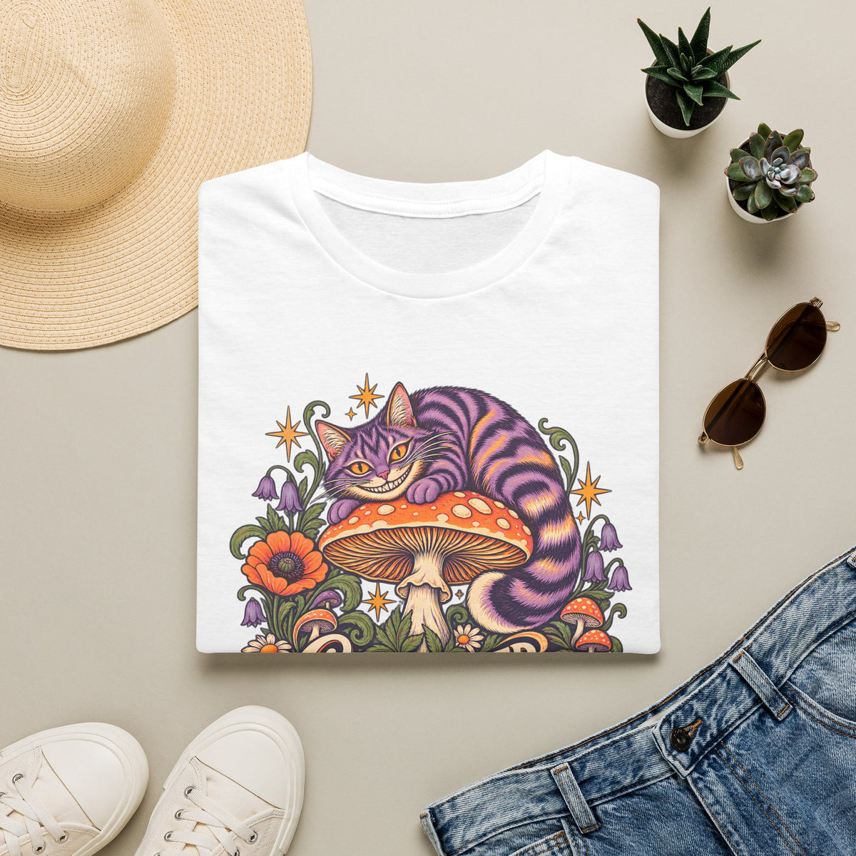 Cheshire Cat | Curiouser & Curiouser | Whimsical Mushroom Design Graphic Shirt
