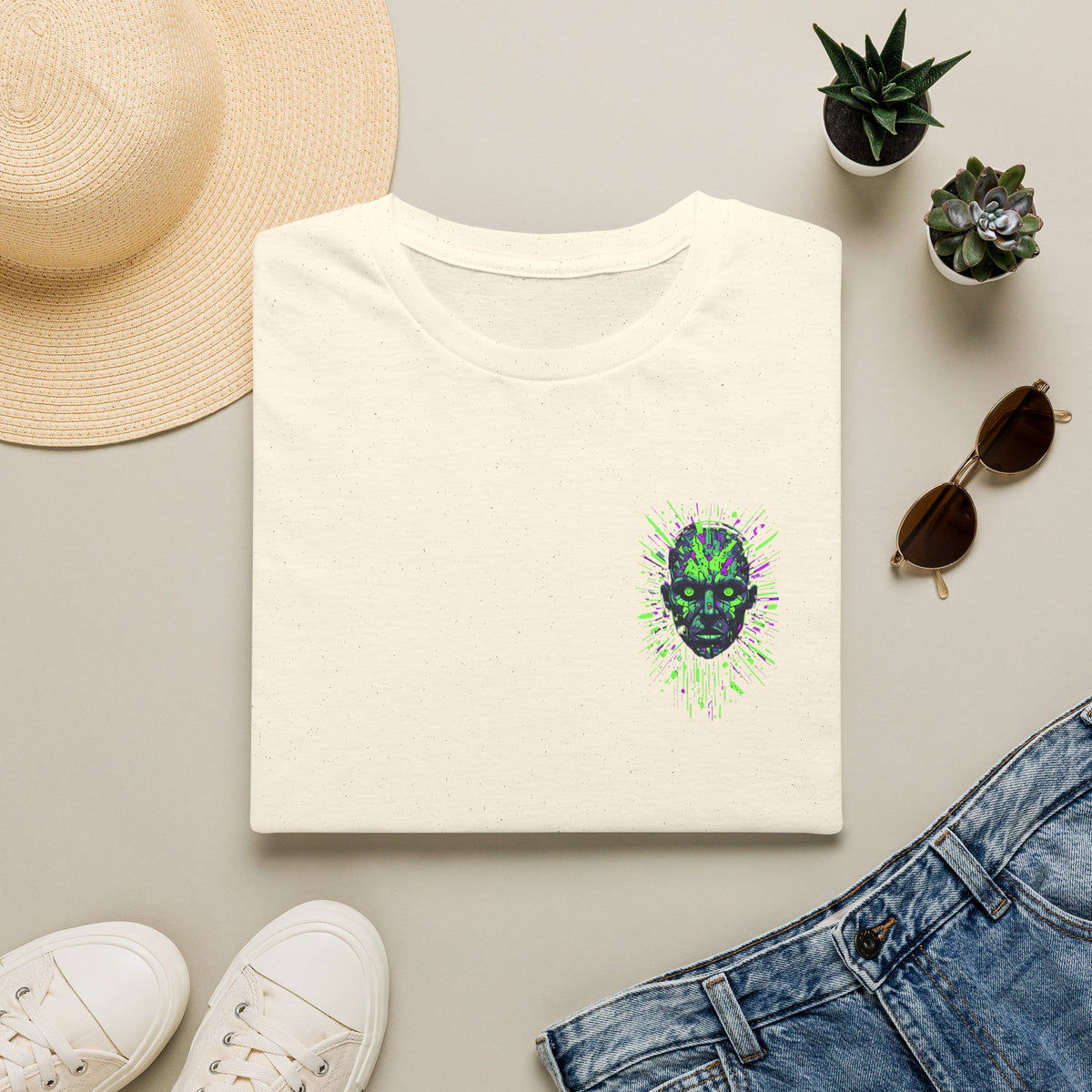 Neon Cyber Skull T-Shirt — Glowing Green Sci‑Fi Graphic Tee