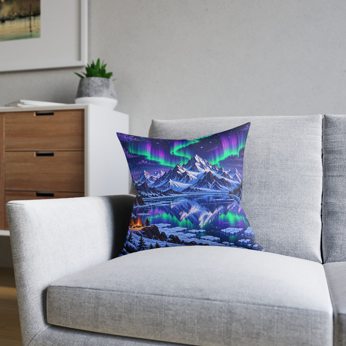 Frozen Mountains Pixel Art Aurora Cushion | Decorative Sofa Pillow