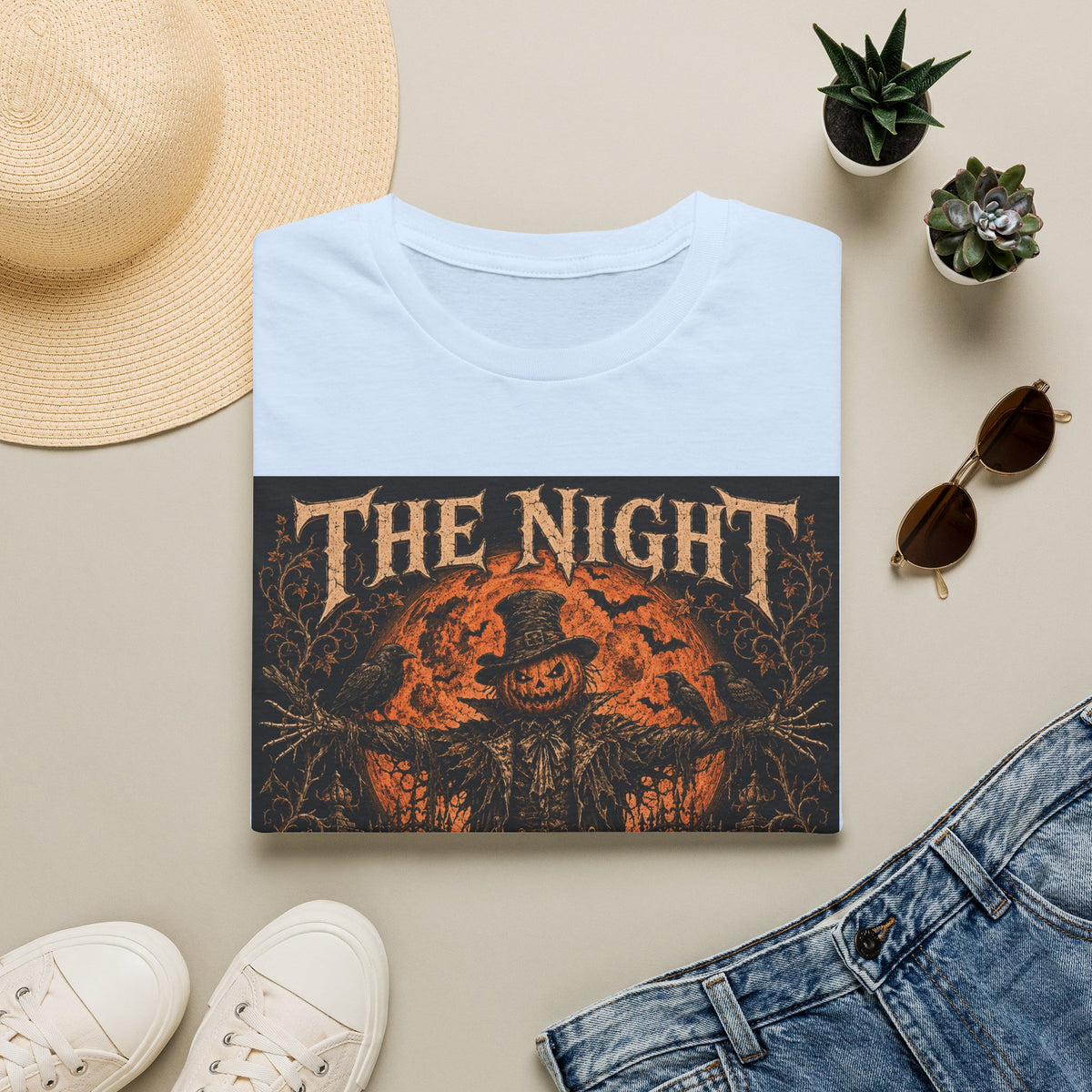 Halloween Scarecrow T-Shirt — "The Night Belongs To" Spooky Pumpkin Graphic