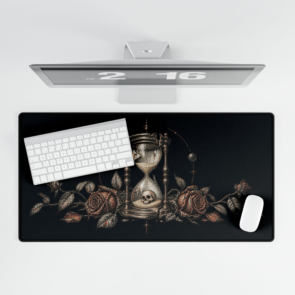 Mouse Mat | Skull Hourglass & Wilted Roses | Gothic Memento Mori Art Desk Pad