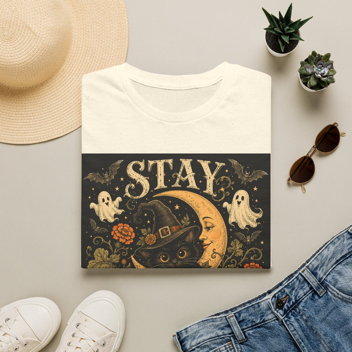 Halloween 'Stay Bewitched' T‑Shirt — Vintage Moon, Black Cat & Pumpkin Design