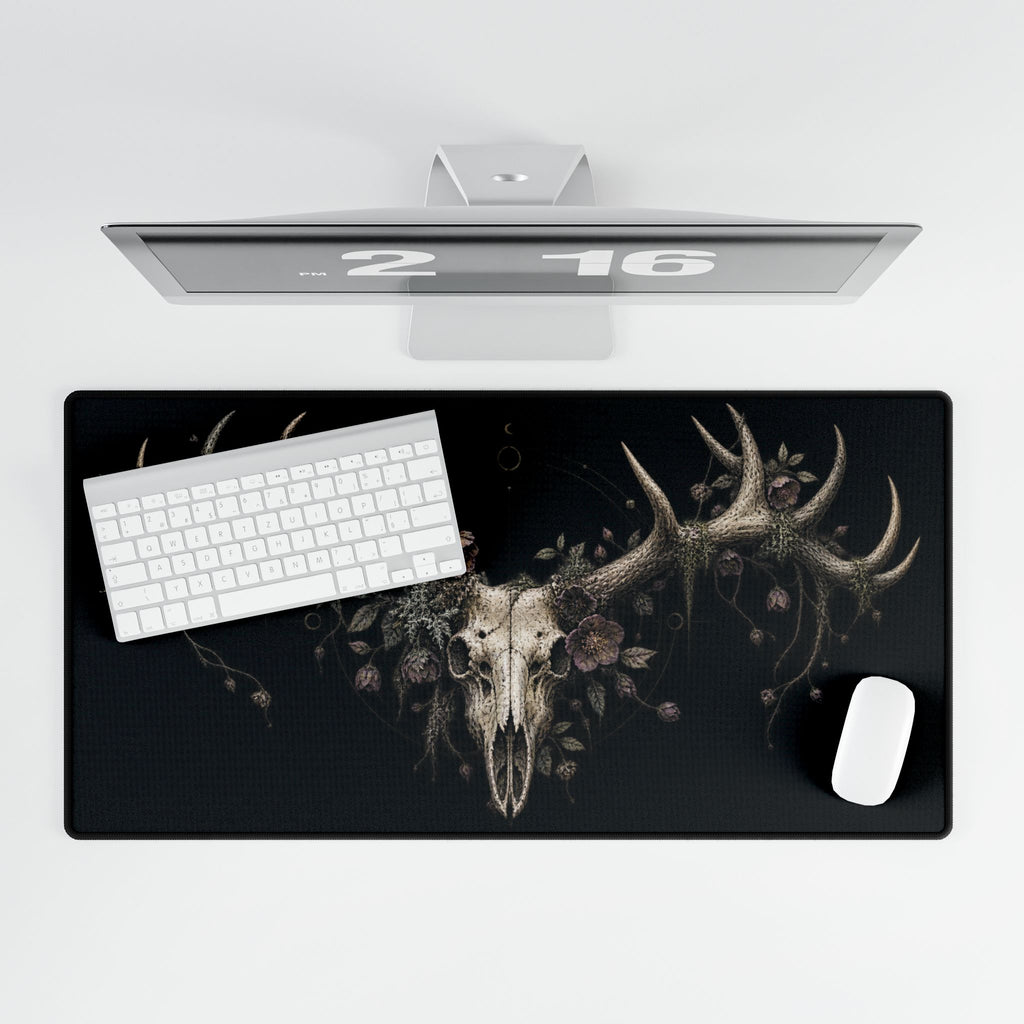 Mouse Mat |Antlered Deer Skull & Dark Florals | Gothic Nature Art Desk Pad