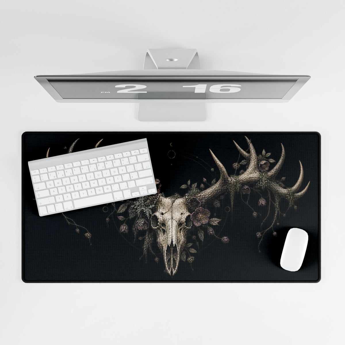 Mouse Mat |Antlered Deer Skull & Dark Florals | Gothic Nature Art Desk Pad