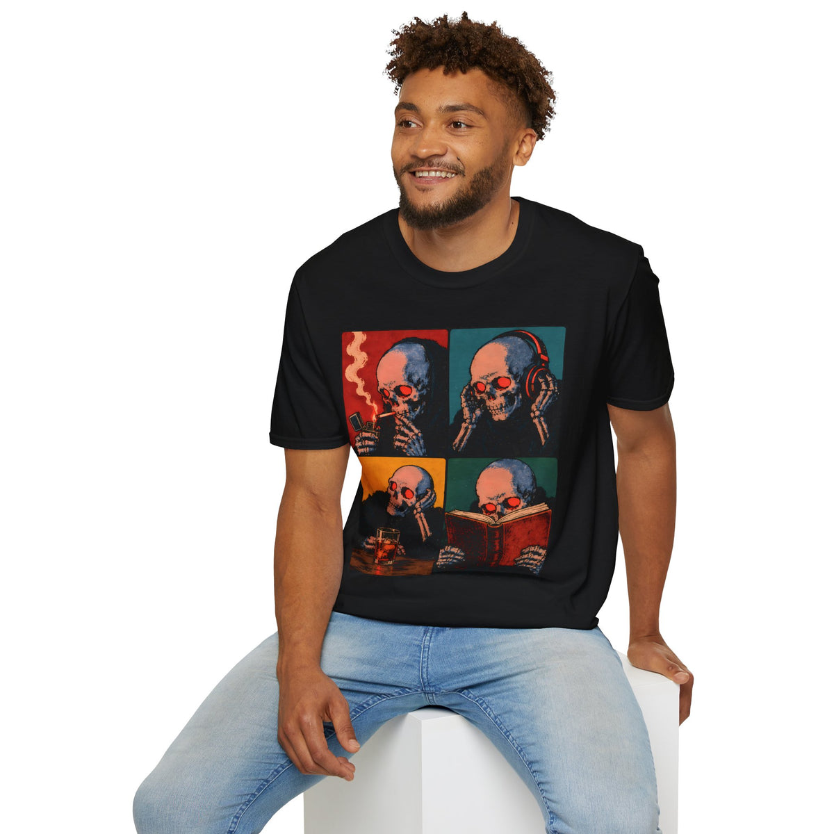Skull Pop Art | Four-Panel Skeleton Smoking, Listening & Reading Graphic Tee