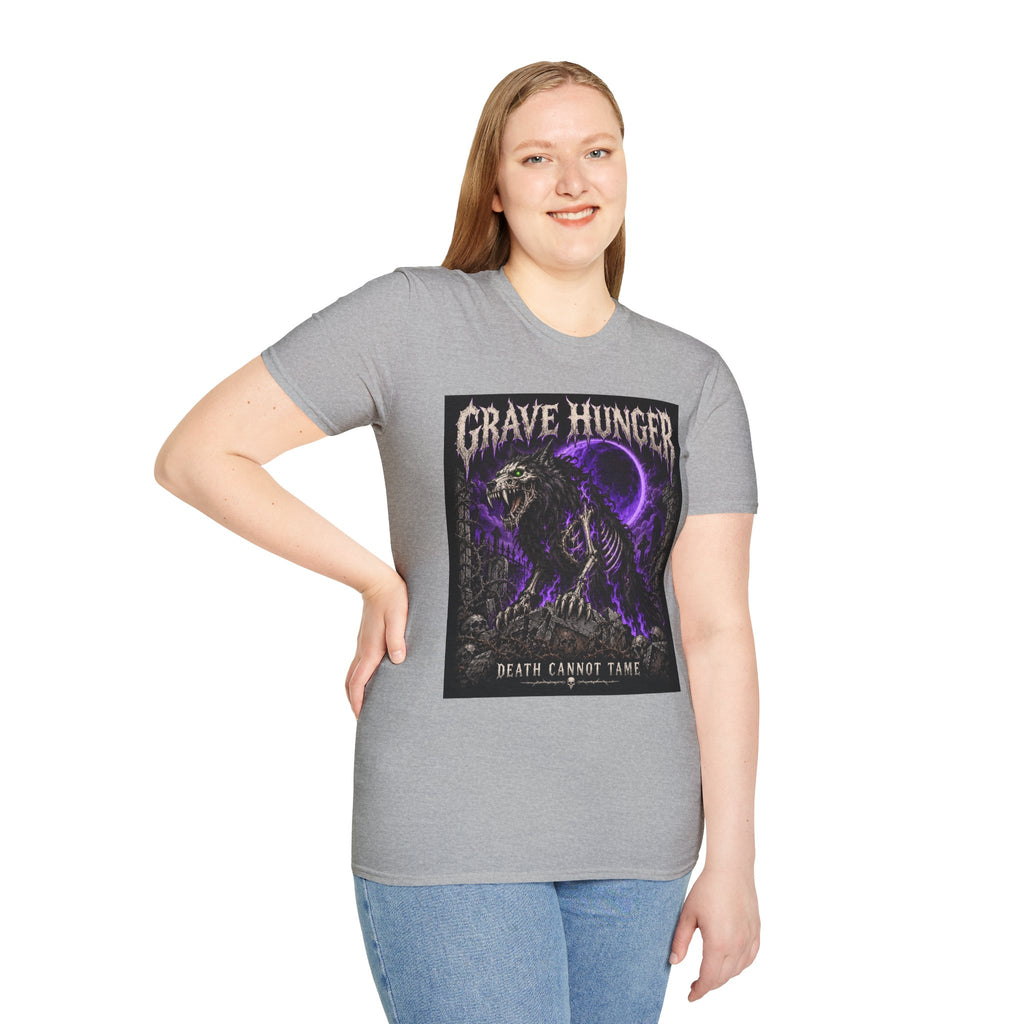 Grave Hunger Gothic Band Tee — Purple Reaper Graphic T-Shirt