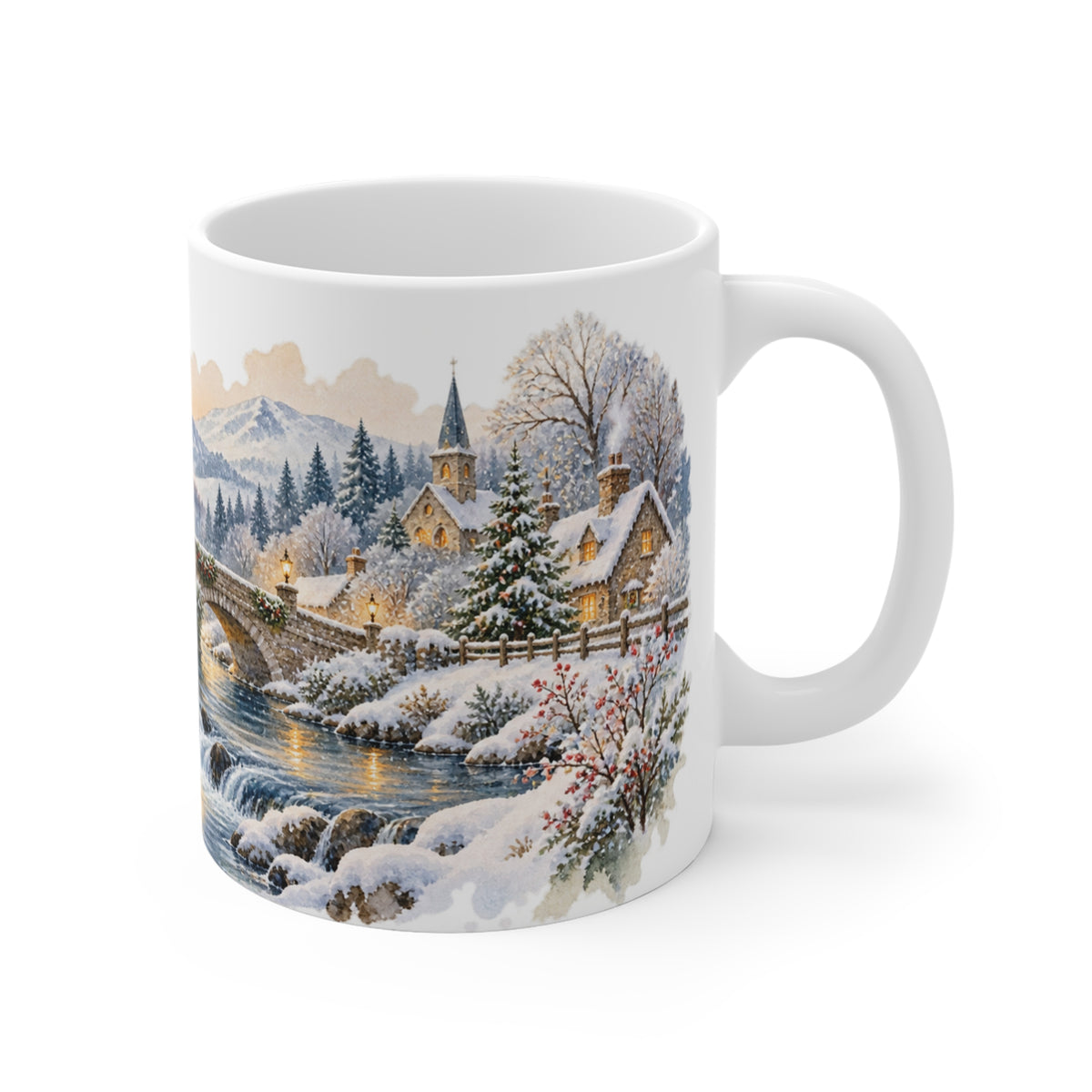 Winter Village Mug | Snowy Stone Bridge Watercolour | Countryside Gift