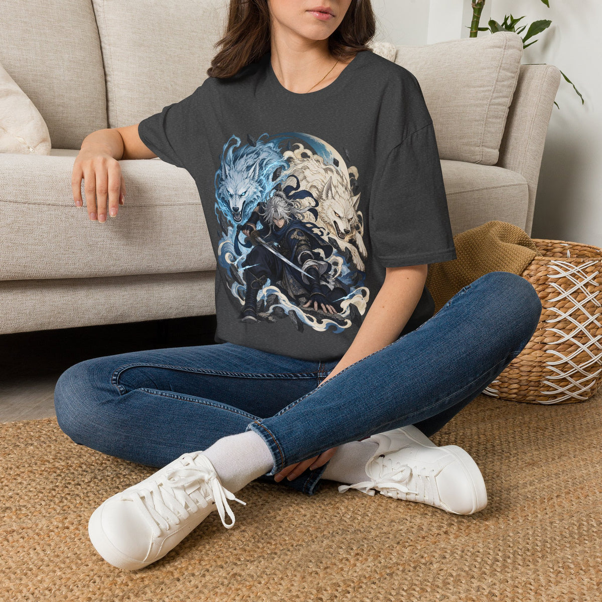 Wolf Spirit T-Shirt | Japanese Samurai | Yin Yang Blue & White Wolves Graphic Tee