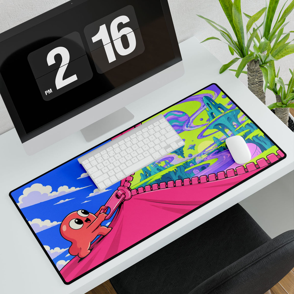 Mouse Mat | Colourful Cosmic Zipper | Cute Octopus Peeks into Neon Alien World Desk Mat