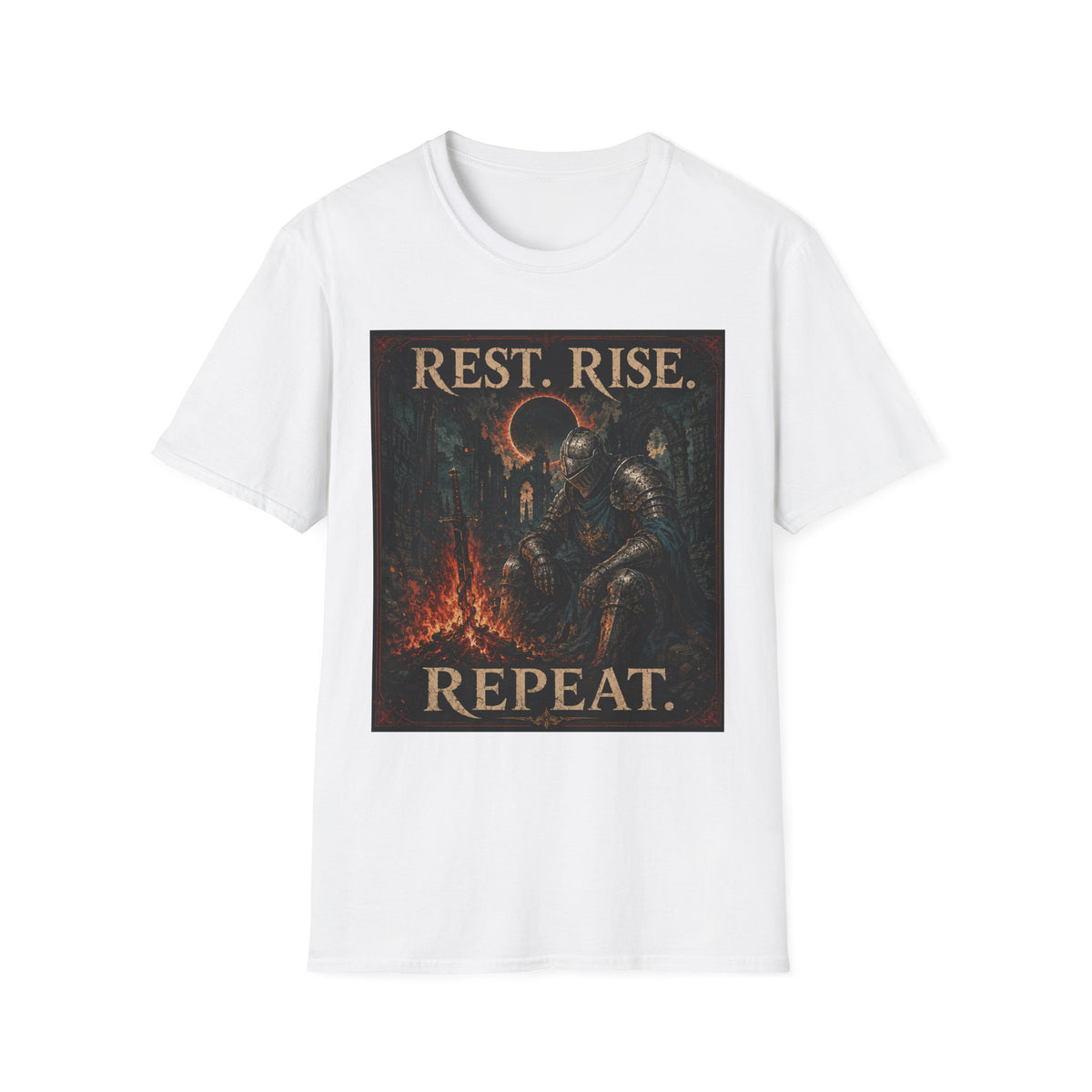 Rest. Rise. Repeat. T‑Shirt — Dark Souls Fantasy Knight Graphic Tee