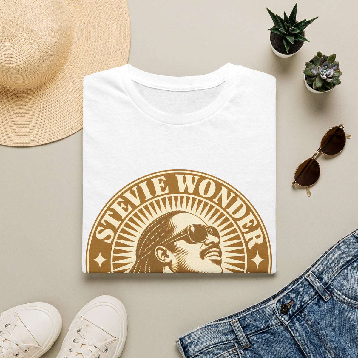 Stevie Wonder Graphic T-Shirt - Vintage Gold Portrait Tee