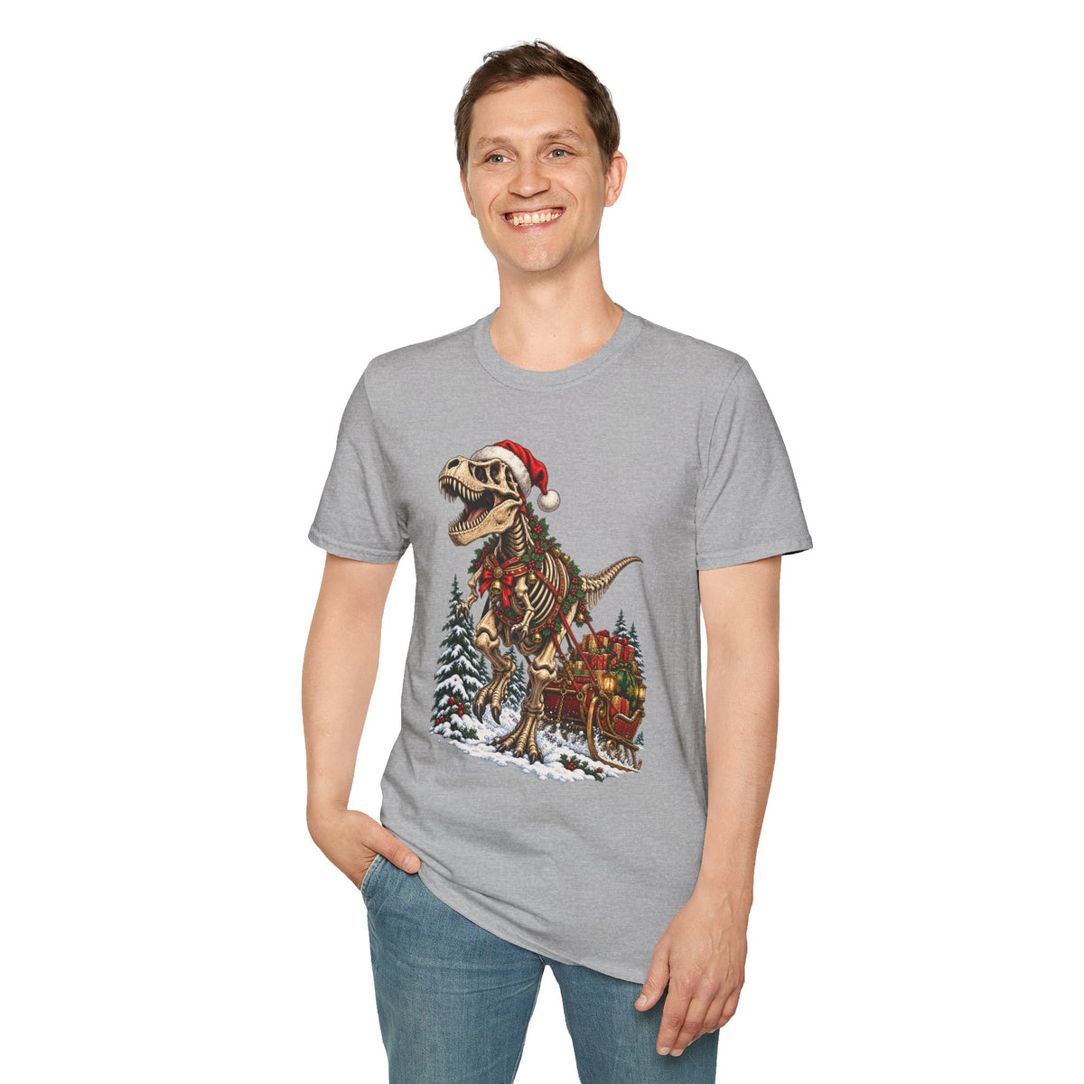 T-Rex Sleigh | Dinosaur Fossil Christmas T‑Shirt