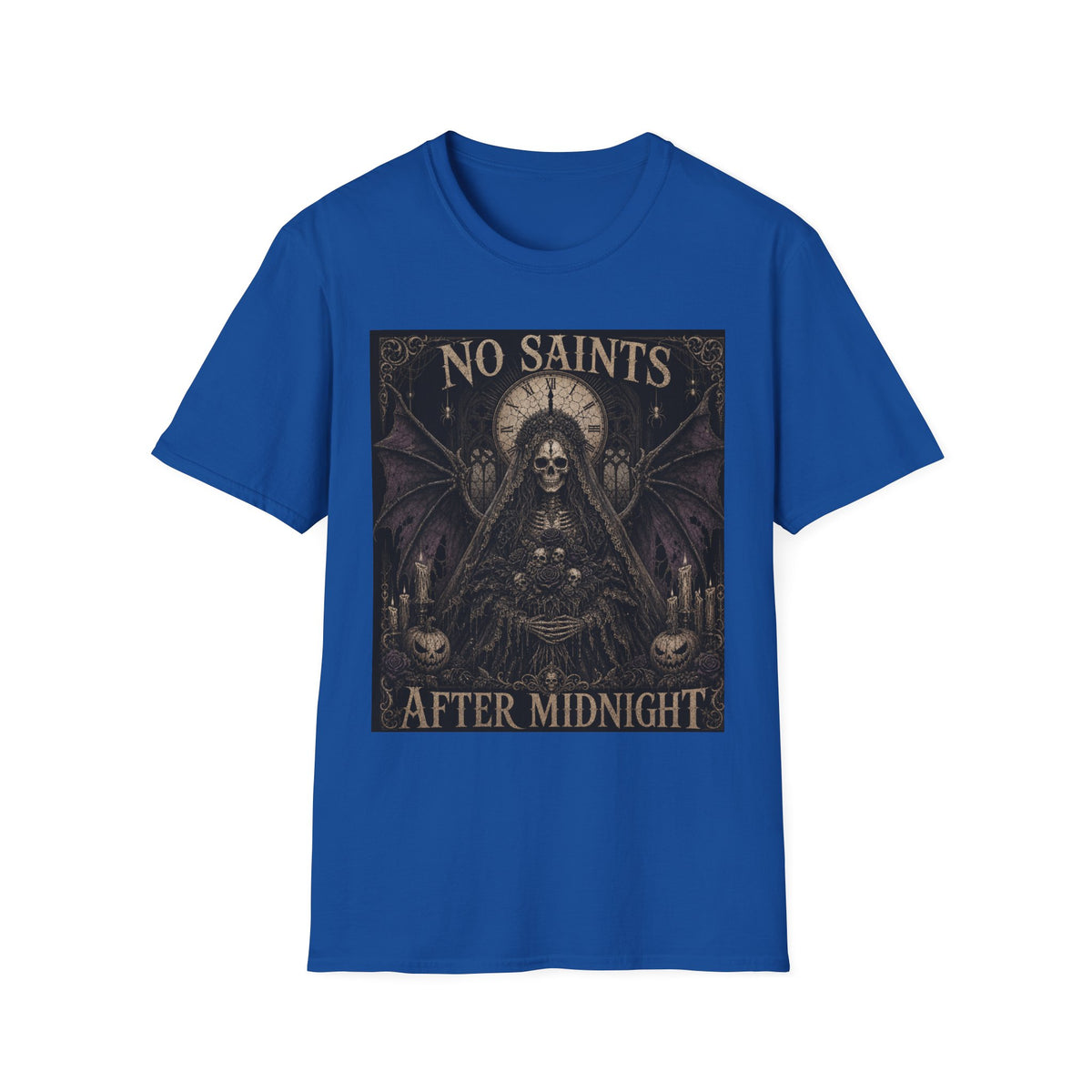 No Saints Graphic T-Shirt — Gothic Skull Clock Design