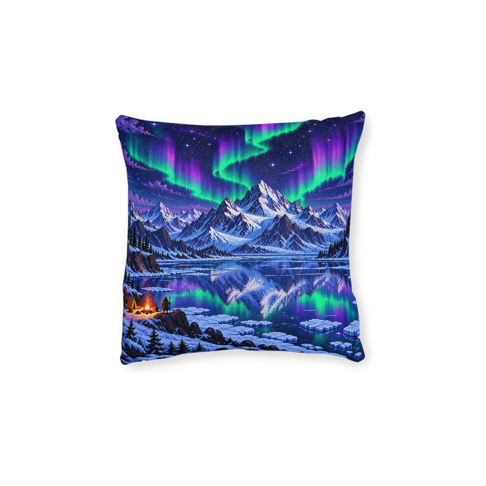 Cushion artwork: Green and purple northern lights ripple above snowy mountains and a perfectly still lake.