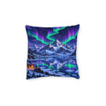 Cushion artwork: Green and purple northern lights ripple above snowy mountains and a perfectly still lake.