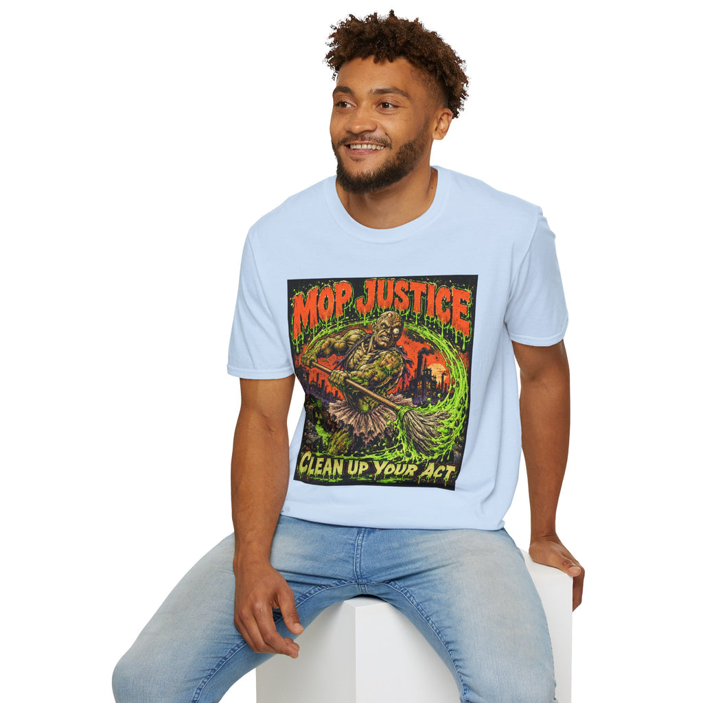 Mop Justice T-Shirt — Retro Horror Cleanup Graphic Tee ("Clean Up Your Act")