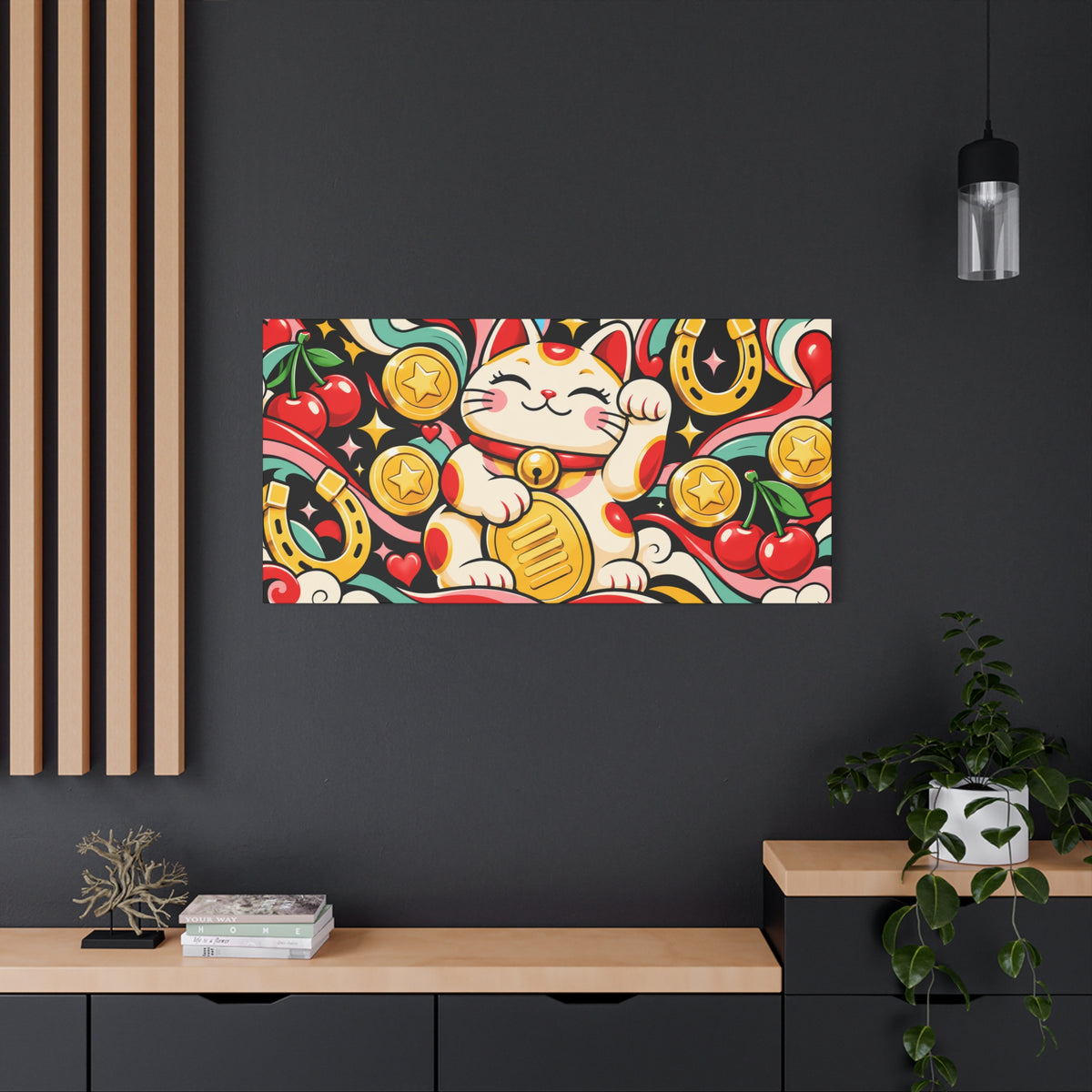 Wall Art | Lucky Cat | Maneki Neko, Gold Coins Retro Pop Art