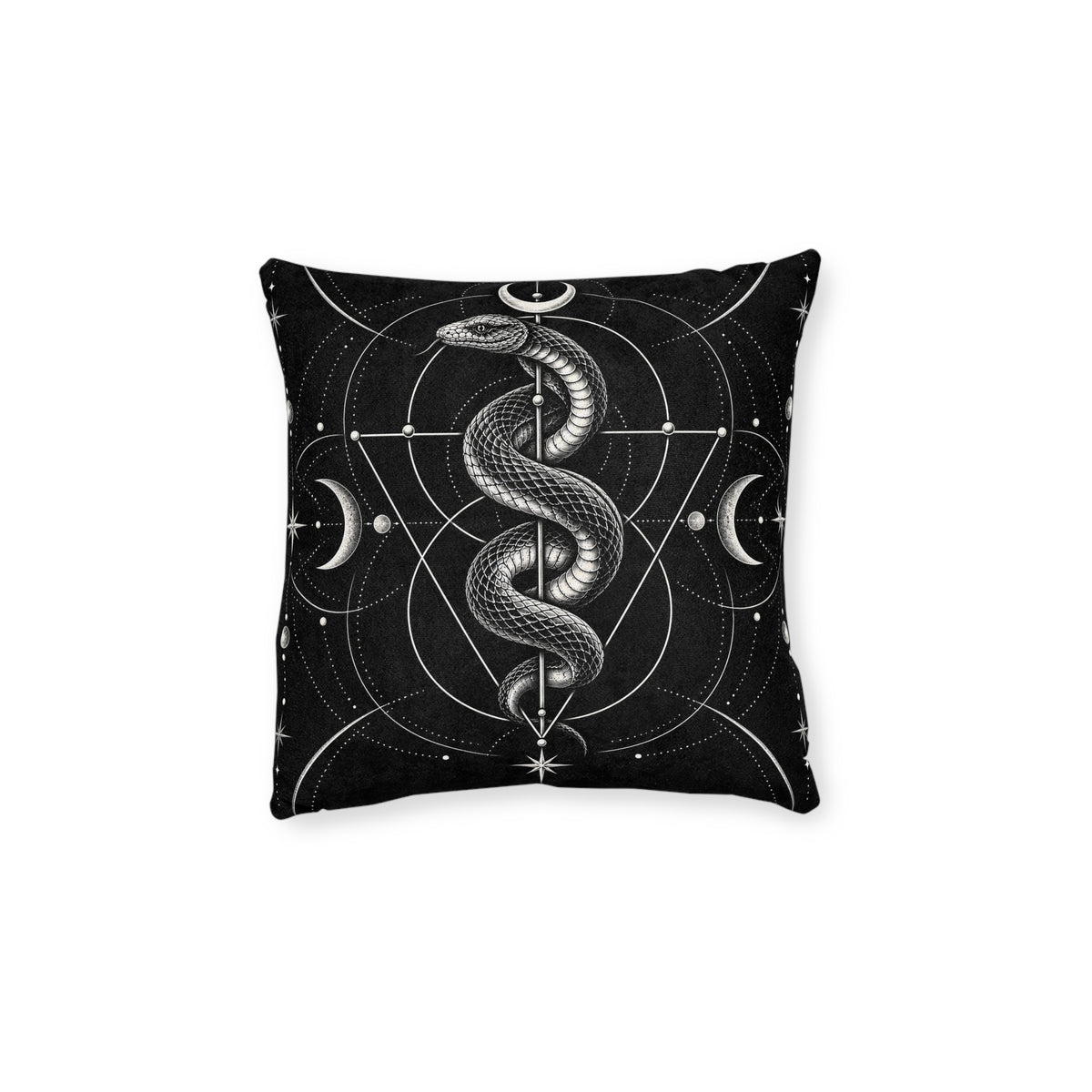 Cushion artwork: A detailed serpent coils around a slender vertical axis beneath a crescent moon, its head raised above the looping body.