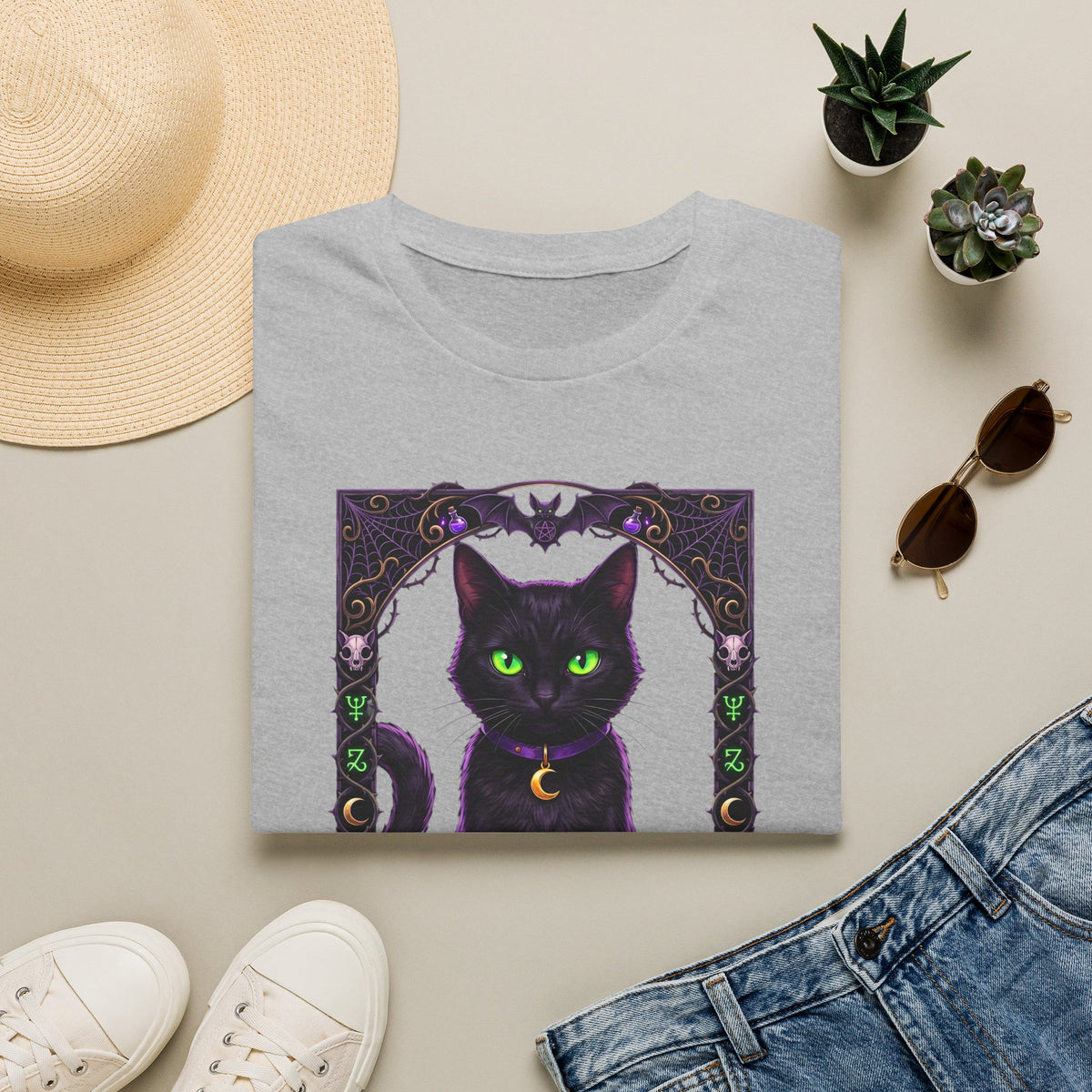 Mystic Black Cat T‑Shirt — Glowing Green Eyes Witchy Tee